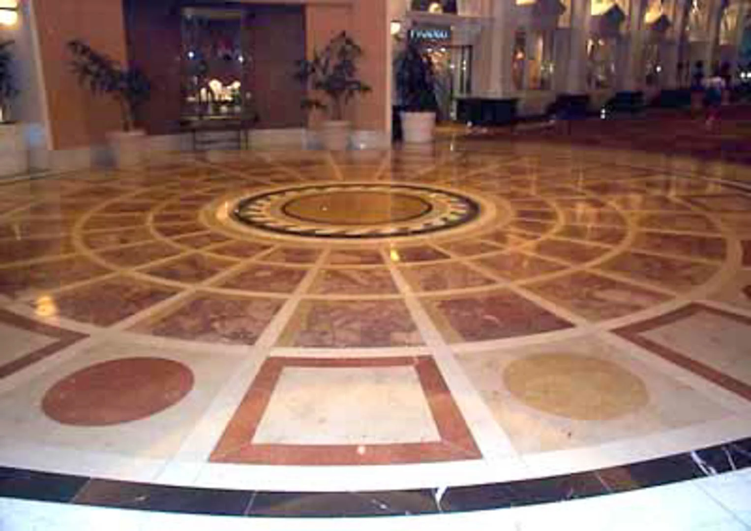 Project: Caesars Palace Hotel Location: Las Vegas, Nevada Description: This 40-foot diameter marble waterjet rotunda leads to the ballroom level of this hotel. Marbles from Italy and Spain, and Limestone from Germany were used in this creation.