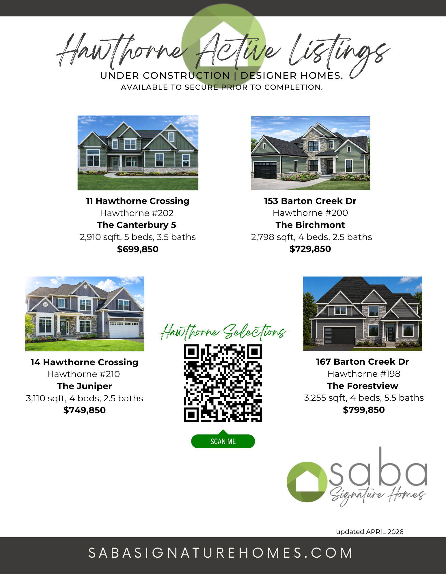 New Homes for sale in Hawthorne built by luxury builder Saba Signature Homes