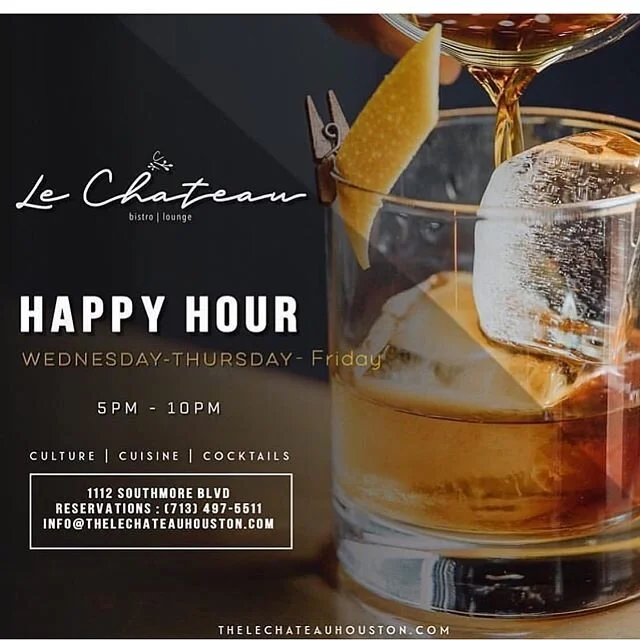 Happy Hour !!! Join us .
Wednesday Reverse Happy Hour!!
$5 Wine
$ 7 craft cocktails 
Half Price Cuisine 
5-10pm
Grab a friend 
Culture | Cuisine | Cocktails