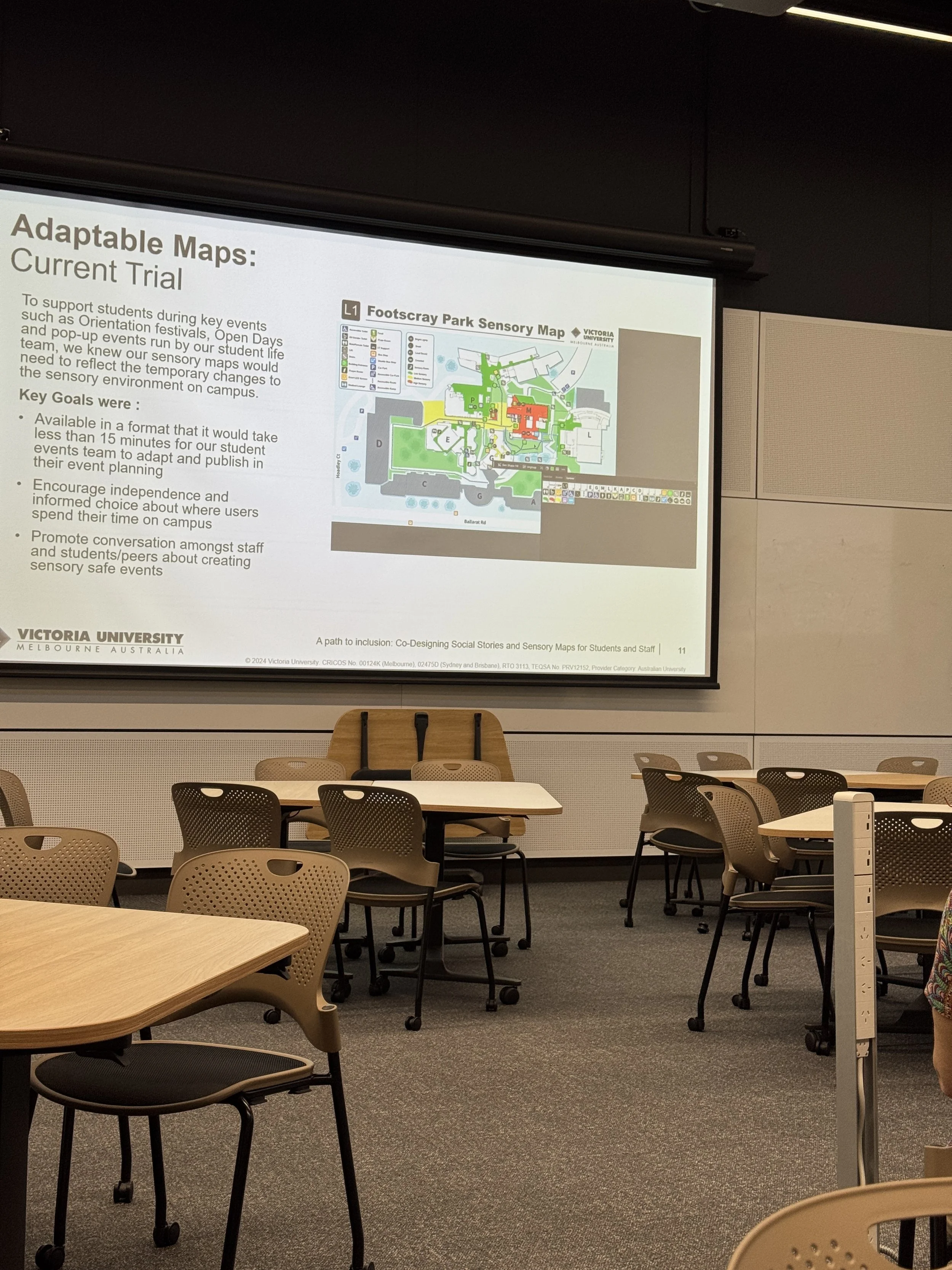  A photo of a projector screen showing Victoria University's new innovative Adaptable Sensory Map developed by Bryce Pace - Autism Advocate. 