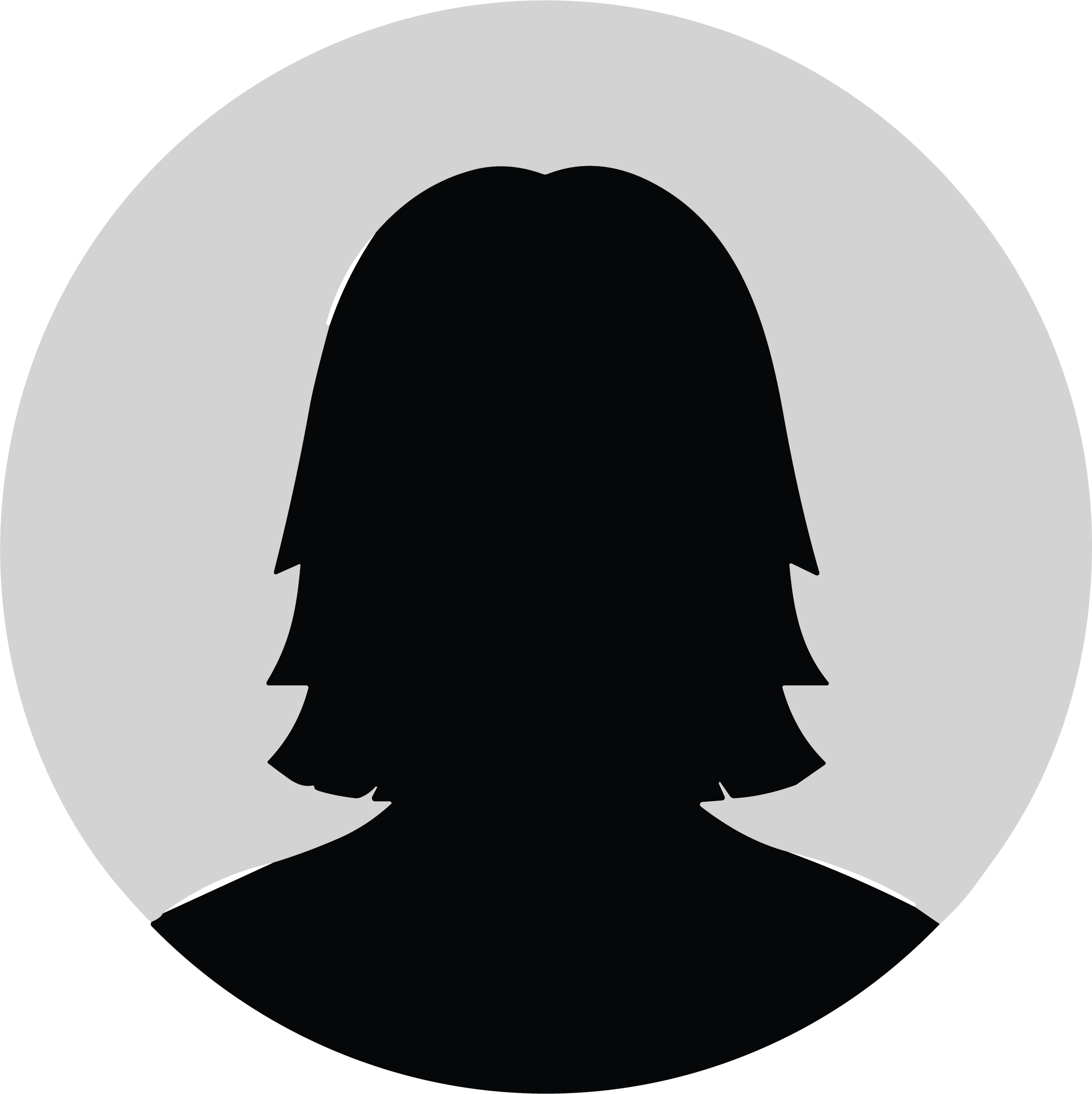 Silhouette of a person with shoulder-length hair on a gray circular background, all within a black outer circle.
