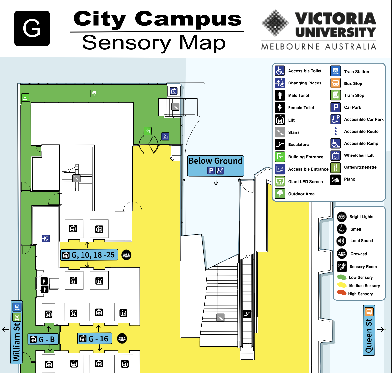 A sensory map of Victoria University's City Campus. This map shows the everyday sensory experience on campus as well as vital access information