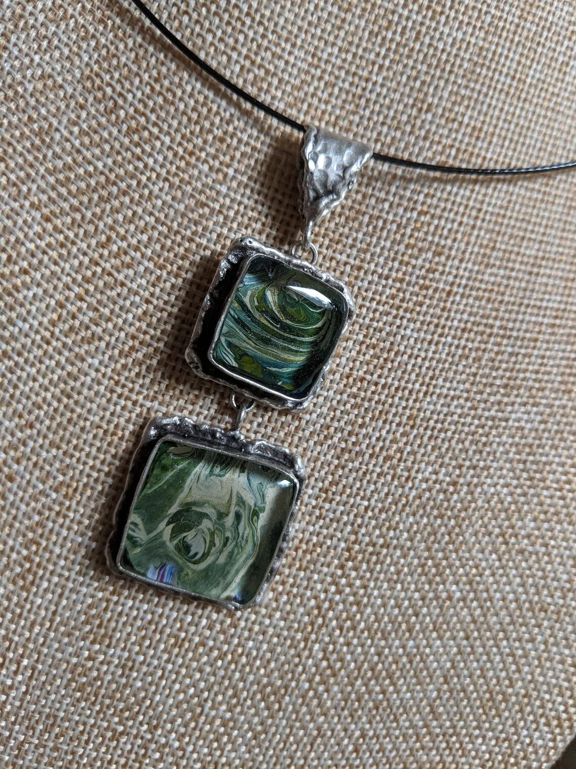Wearable Art: Antiqued Silver Moss Green Abstract Painting Double Square Pendant