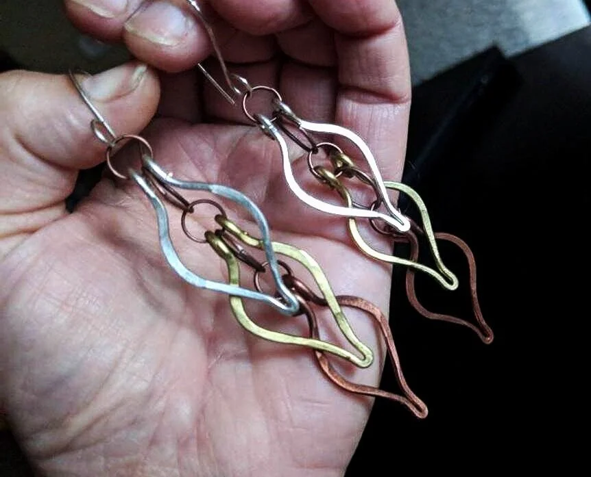 Mixed Metal Hammered Leaf earrings with Sterling silver hooks