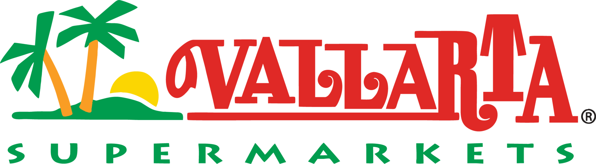 Vallarta Supermarkets logo, a supermarket chain in California, with red stylized text, green palm trees, a yellow semi-circle representing the sun, and green text reading 'Supermarkets' underneath