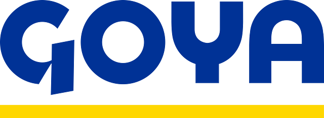 Goya logo, a hispanic food distributor in the United States, with blue text and a yellow line underneath