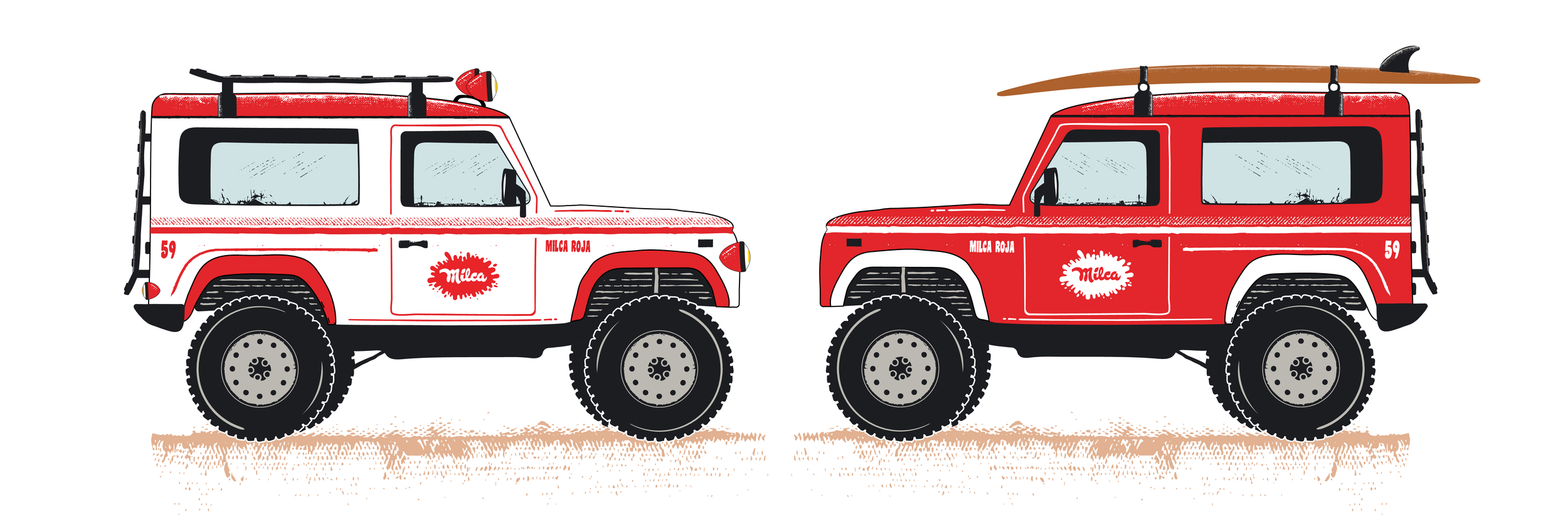 Two illustrations of Milca beach rescue vehicles with surfboards on their roofs, labeled 'Milca Roja' and 'Milca'.
