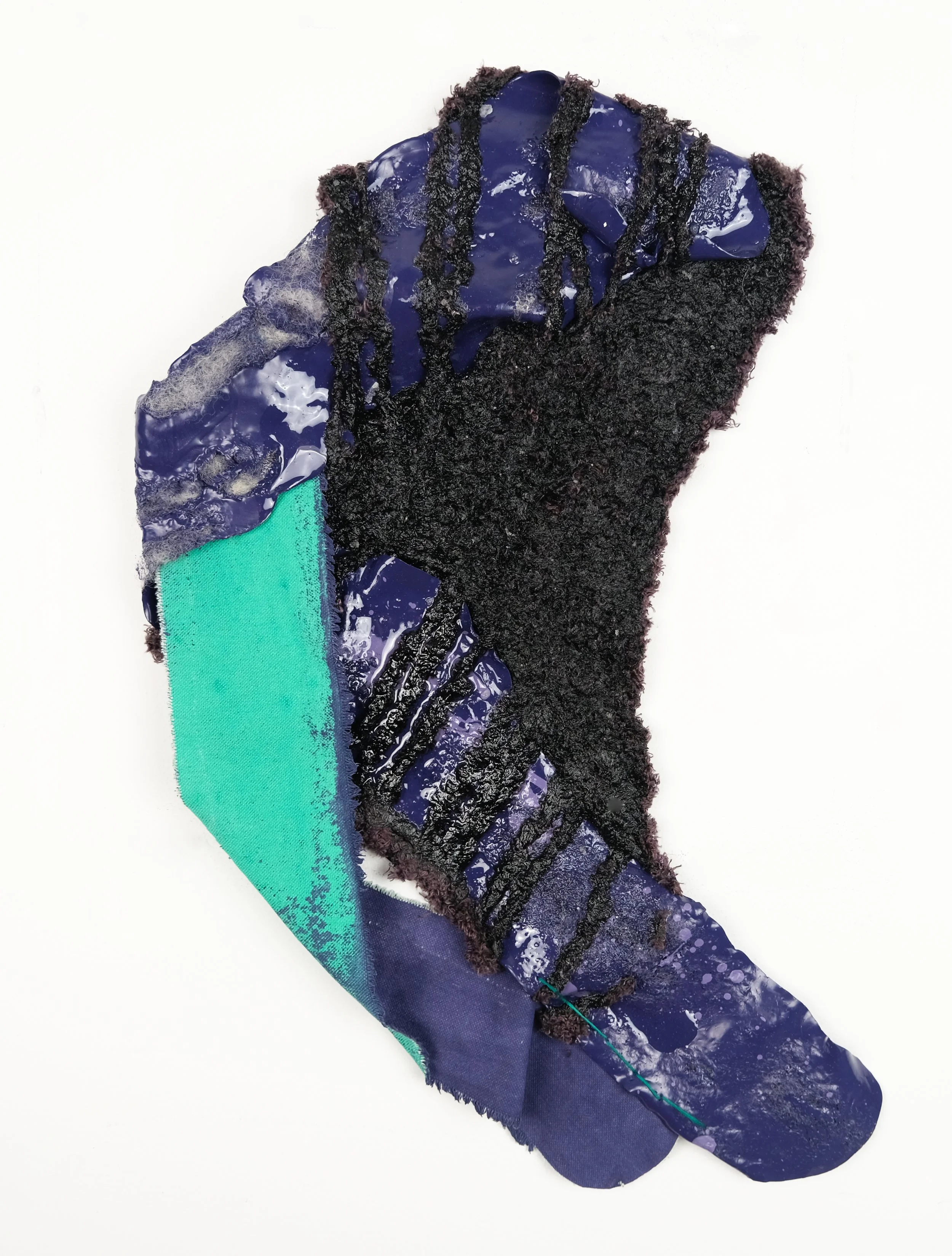 Corvids 7, 2024, Acrylic on canvas, wool, latex paint, poly yarn, thread, and resin, 19.5 x 12 inches
