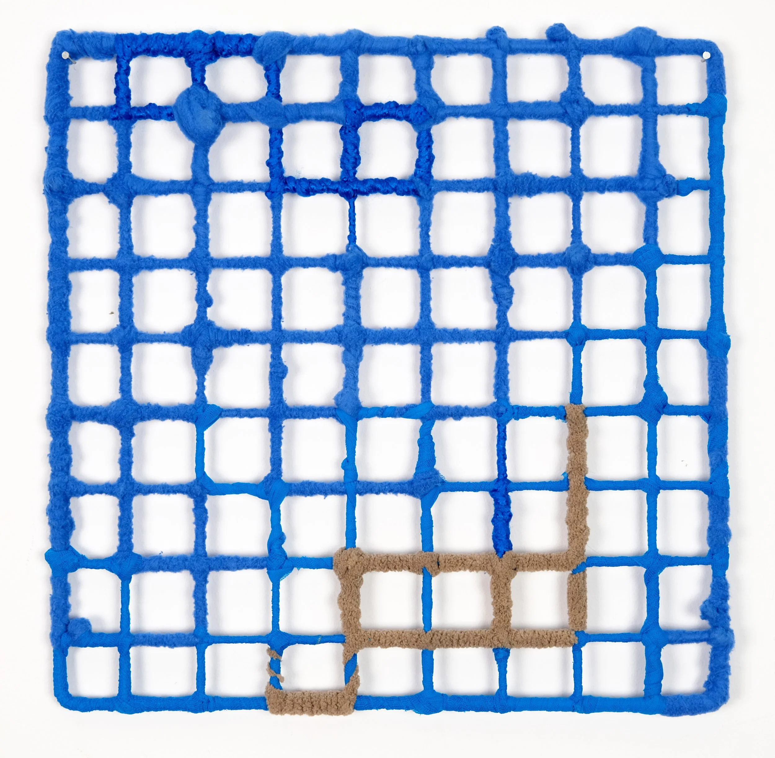  Cozy Cage Cube no. 2, 2025, Poly fleece, fabric, and yarn on wire storage cube, 14 x 14 inches 