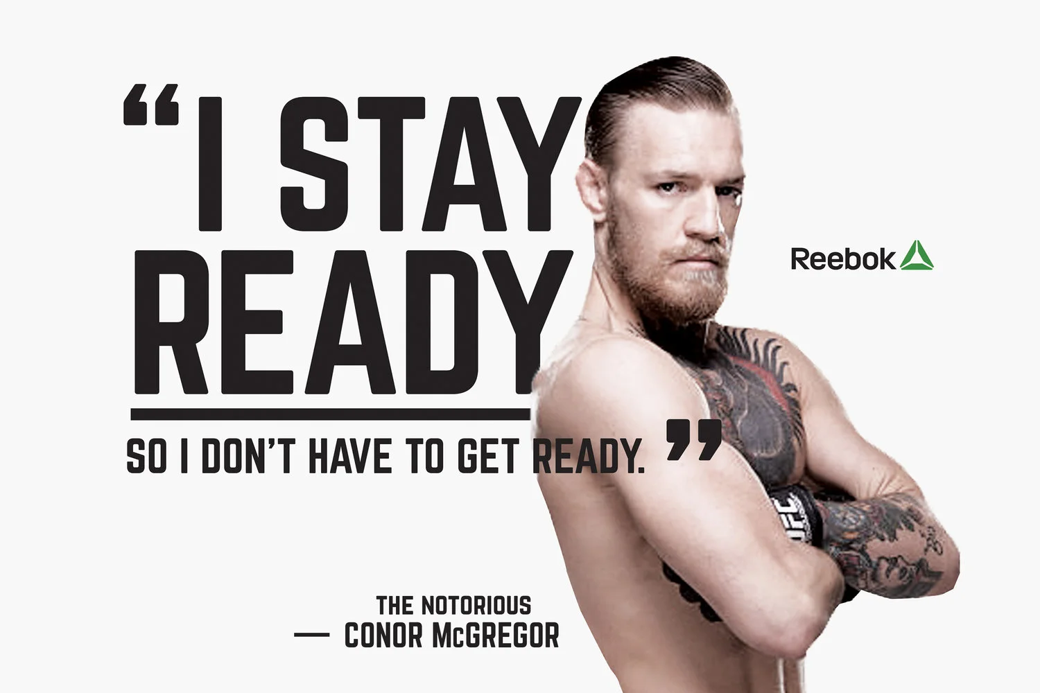PROOF OF CONCEPT UFC | REEBOK | CONOR MCGREGOR ACTIVATION The Notorious One, Conor McGregor, has a unique ability to destroy his opponents in the cage as well as with a mic. He preaches powerful words that are accompanied by powerful strikes in the fight. His words help inspire fans, athletes and a whole nation. By creating a strategy that focuses on the weight of his words, it allows for his brand-story to be told visually. This creative focuses on these "Fighting Words" and uses it as an activation between the brands UFC and Reebok in creating inspirational advertisements and merchandise.