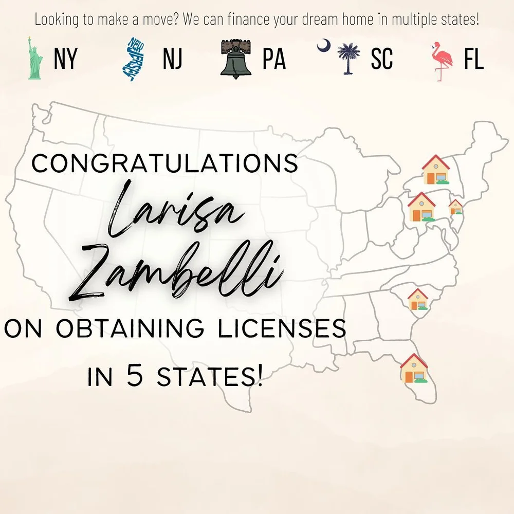 We are excited to announce that @larisazambelli has now obtained licensing in 5 states! This means we can now finance your dream homes not only in New York, but New Jersey, Pennsylvania, South Carolina, &amp; Florida  as well!

Congratulations Larisa