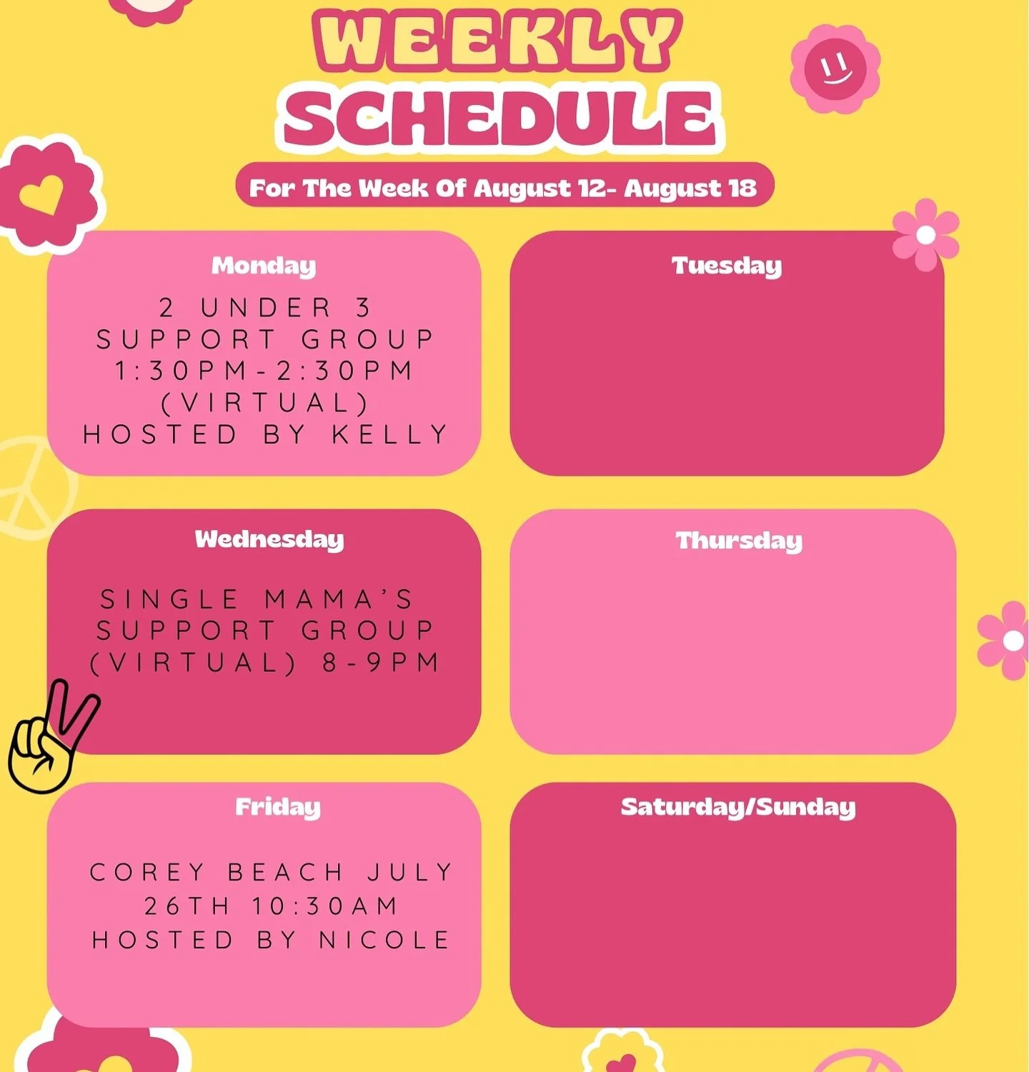 🌟 This Week&rsquo;s Schedule for Mamas and Minis! 🌟 

👩&zwj;👧&zwj;👦 **Monday:** Join us for our 2 Under 3 Support Group, hosted virtually by Kelly! A great space to connect and share experiences. 

👩&zwj;👧 **Wednesday:** Single Moms Support Gr