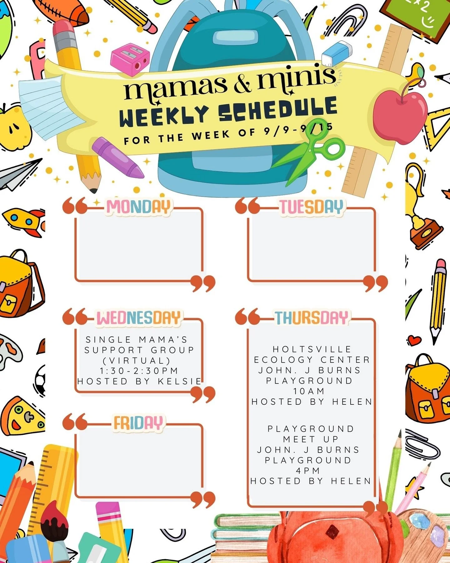 🌟 Mamas &amp; Minis Weekly Schedule 🌟 

**Wednesday** 
🕑 1:30-2:30 PM 
📱 Virtual Single Mamas Support Group 
Littles are welcome to join in the background! Let&rsquo;s connect and support each other. 

**Thursday** 
🕙 10:00 AM 
🌳 Holtsville Eco