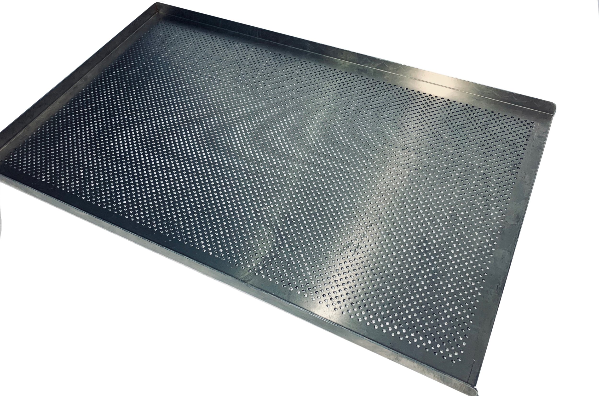 3 SIDED PERFORATED TRAY:16”(410x730) &amp; 18” (455x730) trays, Made to order, can be arranged MOQ 10 units.Perforations 3.6 mm, 2mm Aluminium thickness , Special v sides to prevent bending /curling