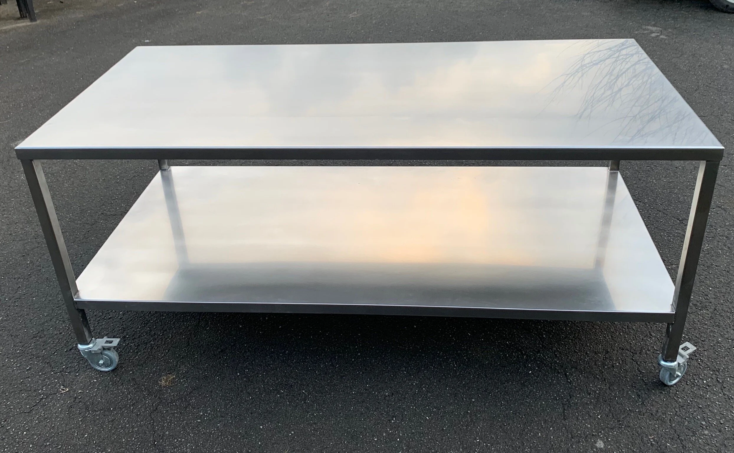 Stainless Steel benches custom made:Food graded, 4 Lockable wheels, Heavy Grade stainless (so no wood for support) ,Good clearance for sweeping under, and easy to relocate