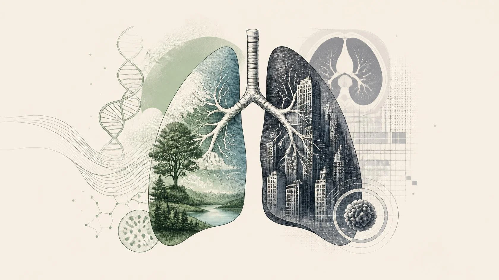 Sophisticated New Yorker magazine-style editorial illustration about changing face of lung cancer, pair of human lungs as central element, one lung blending into modern city skyline, other lung connected with.jpg