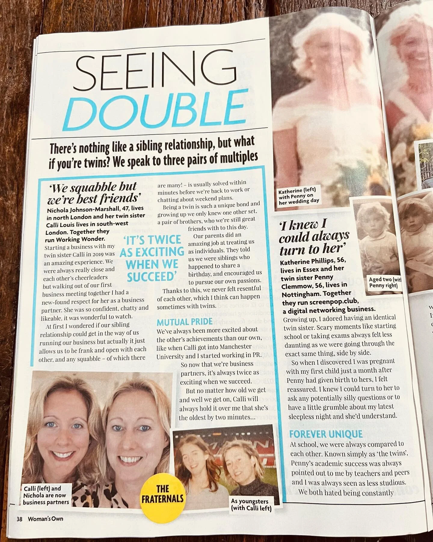After working all those years in PR I don’t think I ever secured coverage in Women’s Own magazine but low and beyond recently I got to tell our Working Wonder / ‘twin’ story to them and here it is ๐. 
Credit to Calli of cour