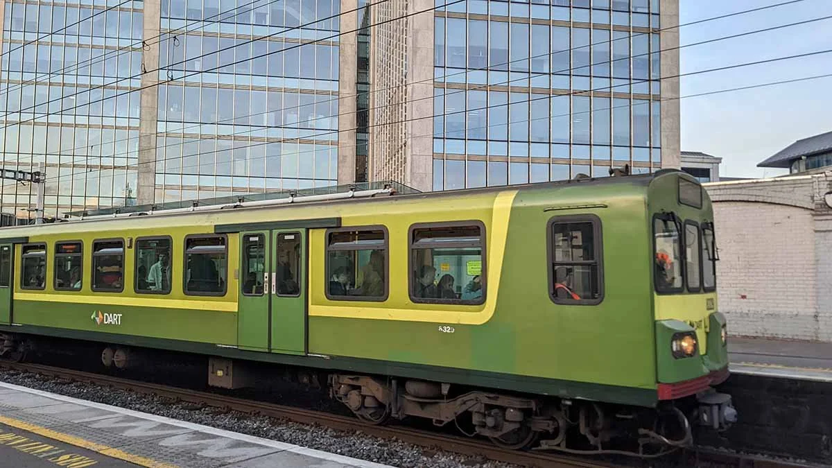 Dart train at tara Street station in Dublin