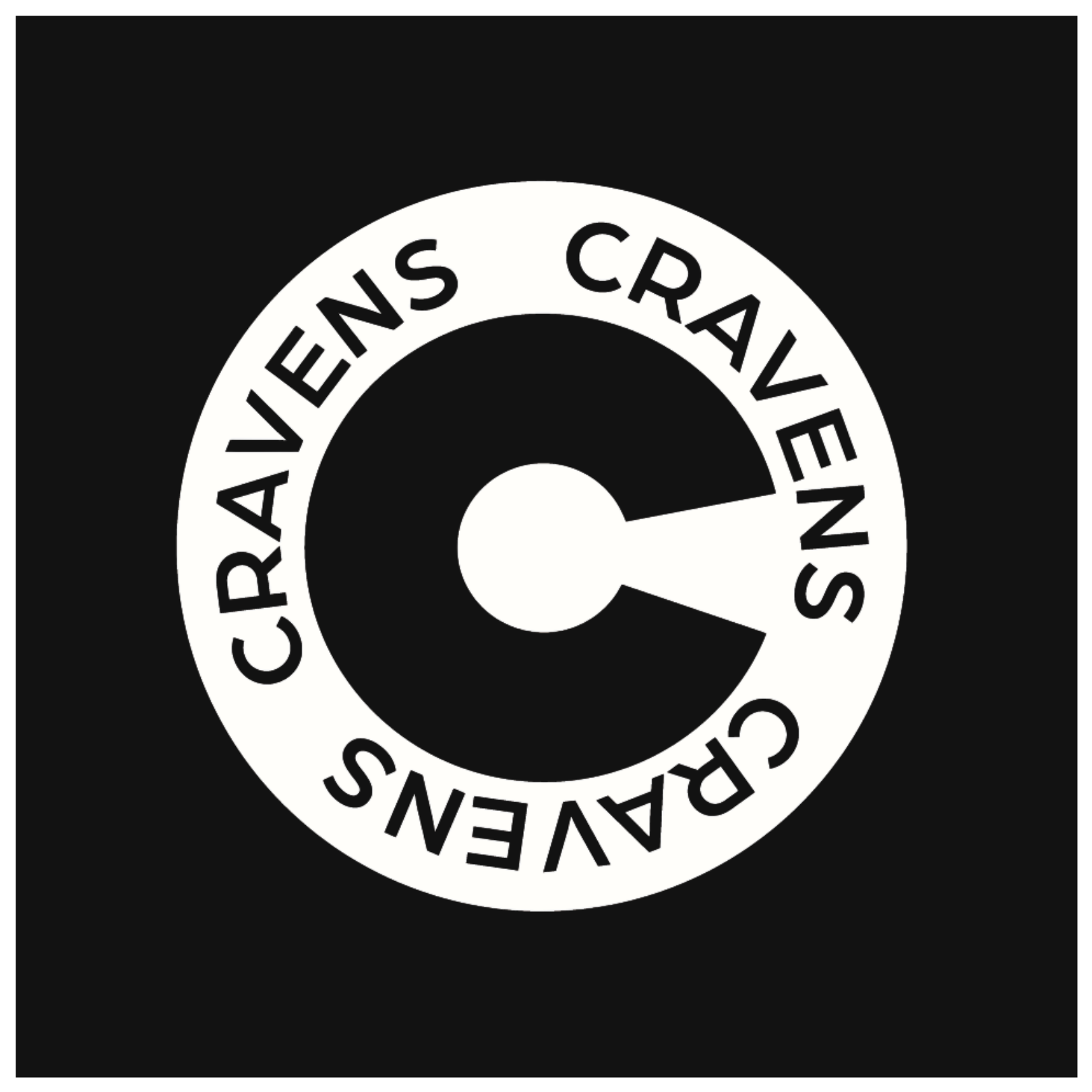 Logo for Cravens featuring a large black circle with a white lowercase 'c' inside, and the word 'CRAVENS' in bold black letters.