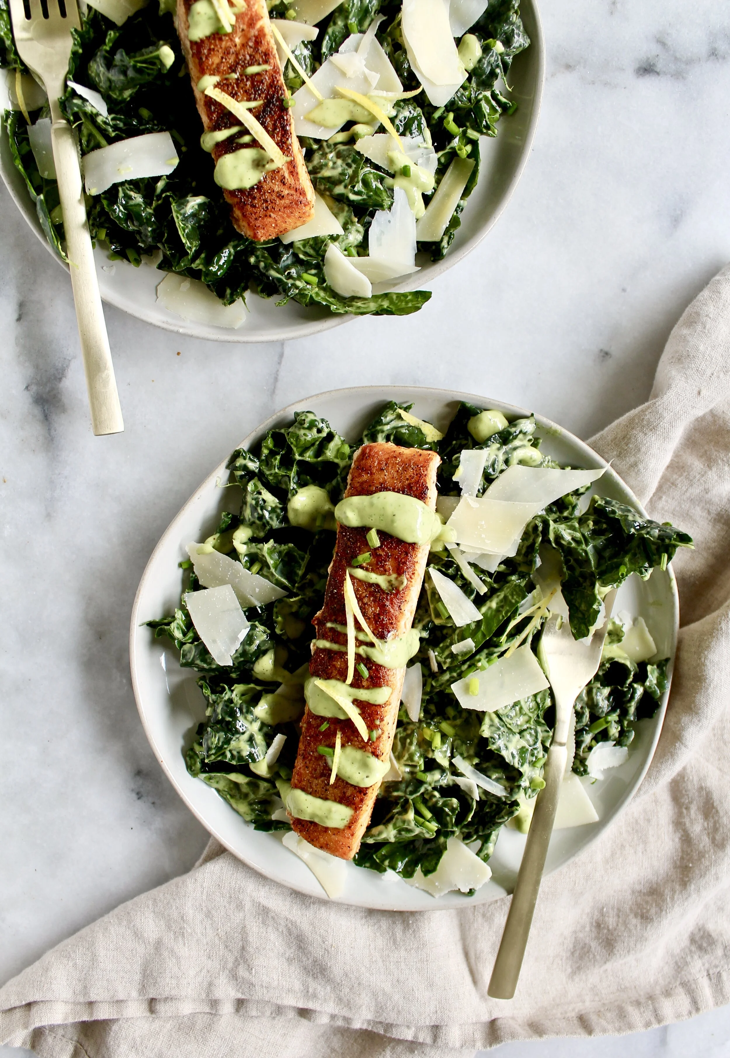 crispy salmon and kale avocado caesar salad — Honey Street