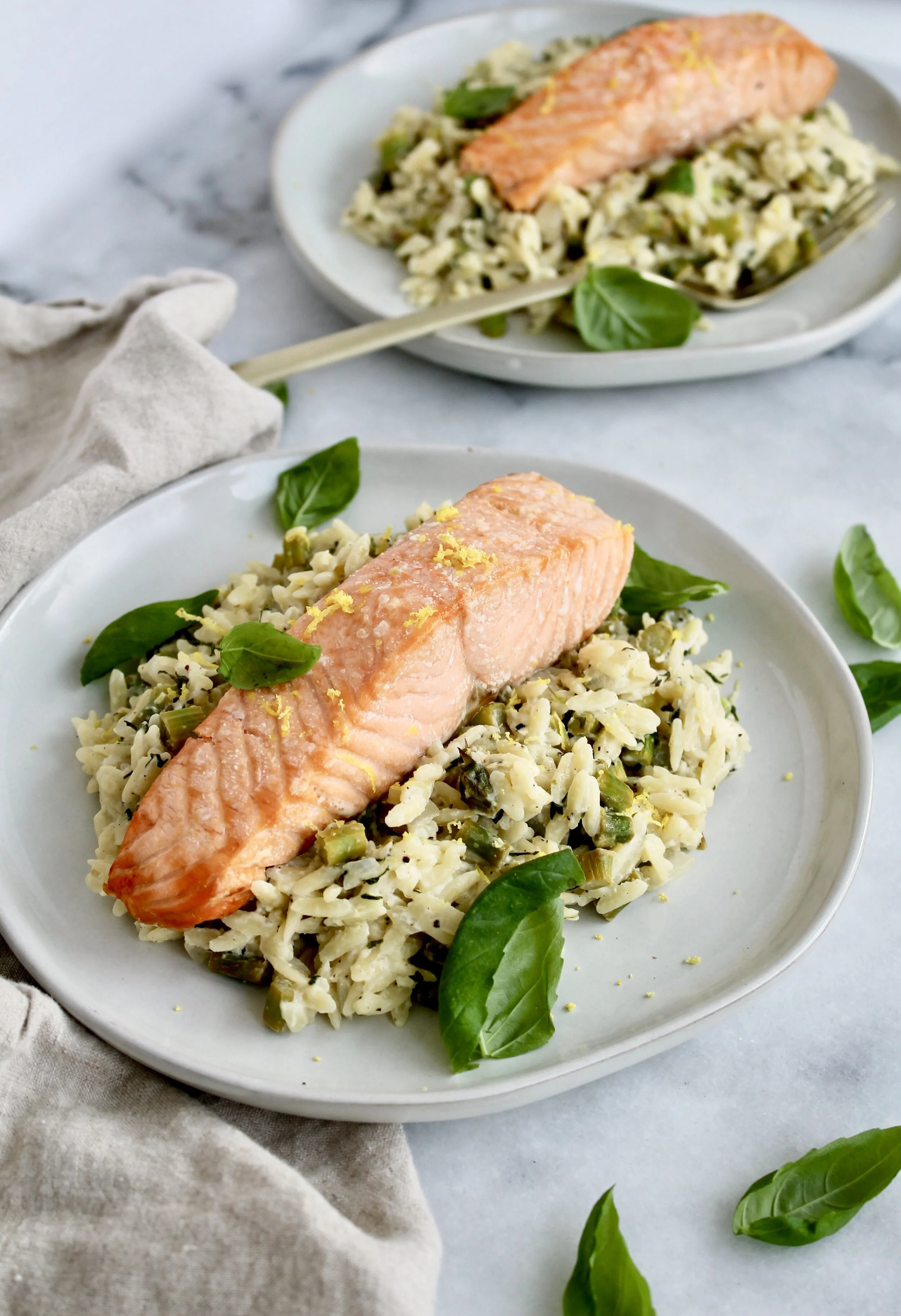 salmon with creamy lemon basil asparagus orzo — Honey Street