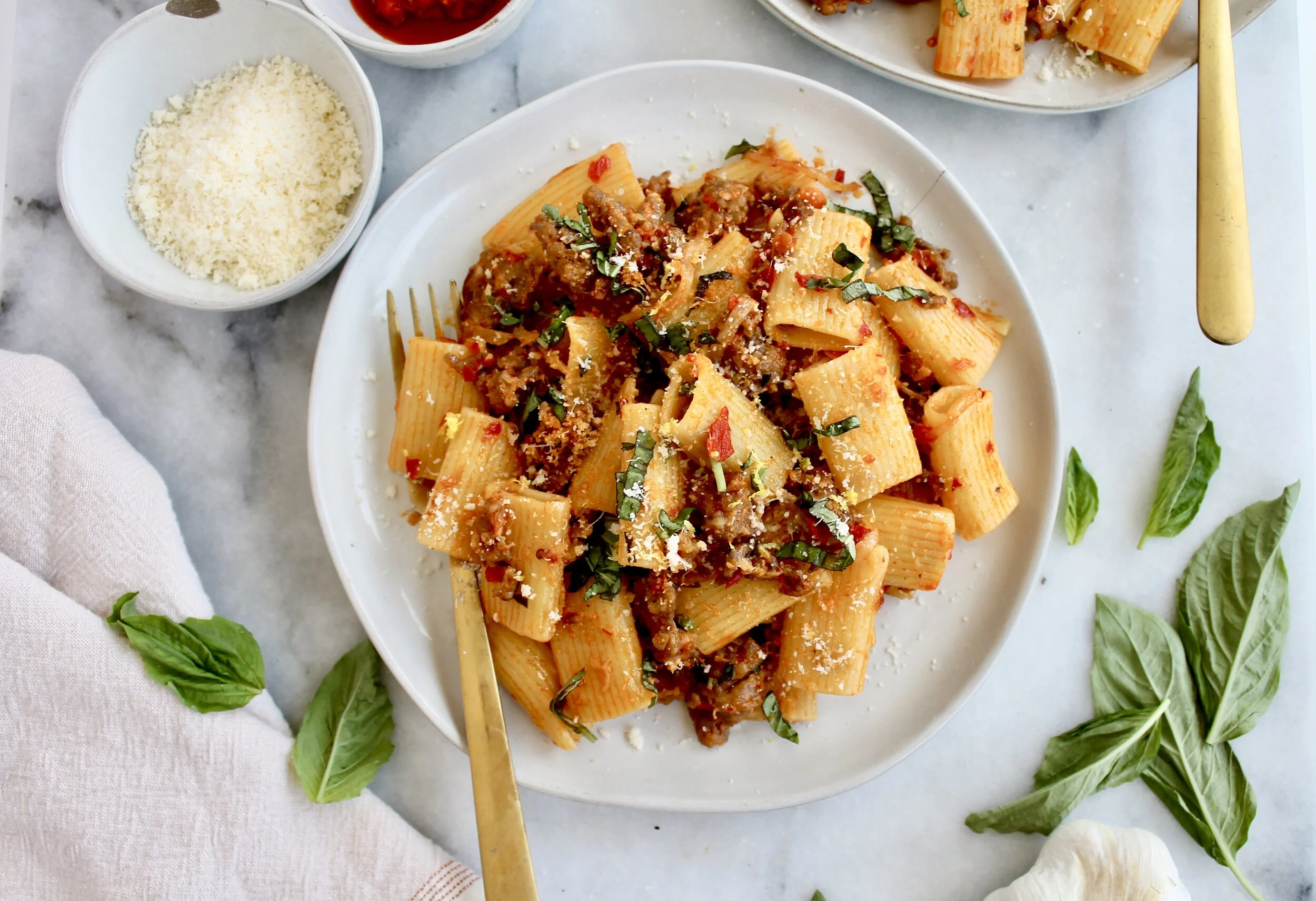 calabrian chili pepper pasta with sausage and basil — Honey Street