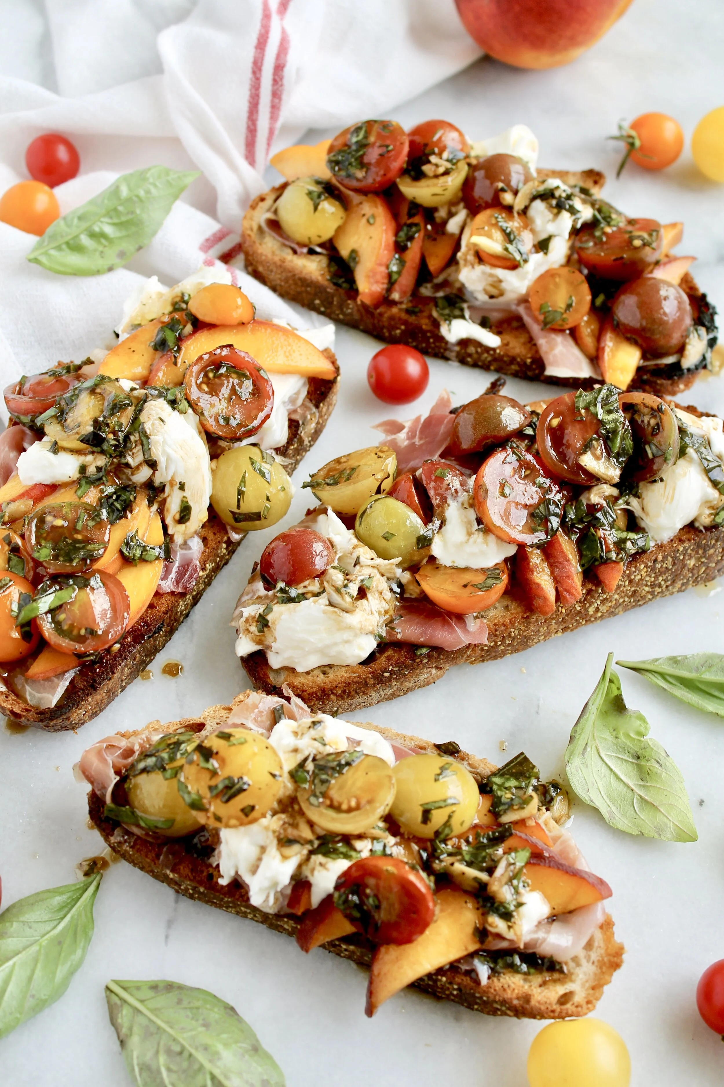 bruschetta toast with peaches, prosciutto, and burrata — Honey Street
