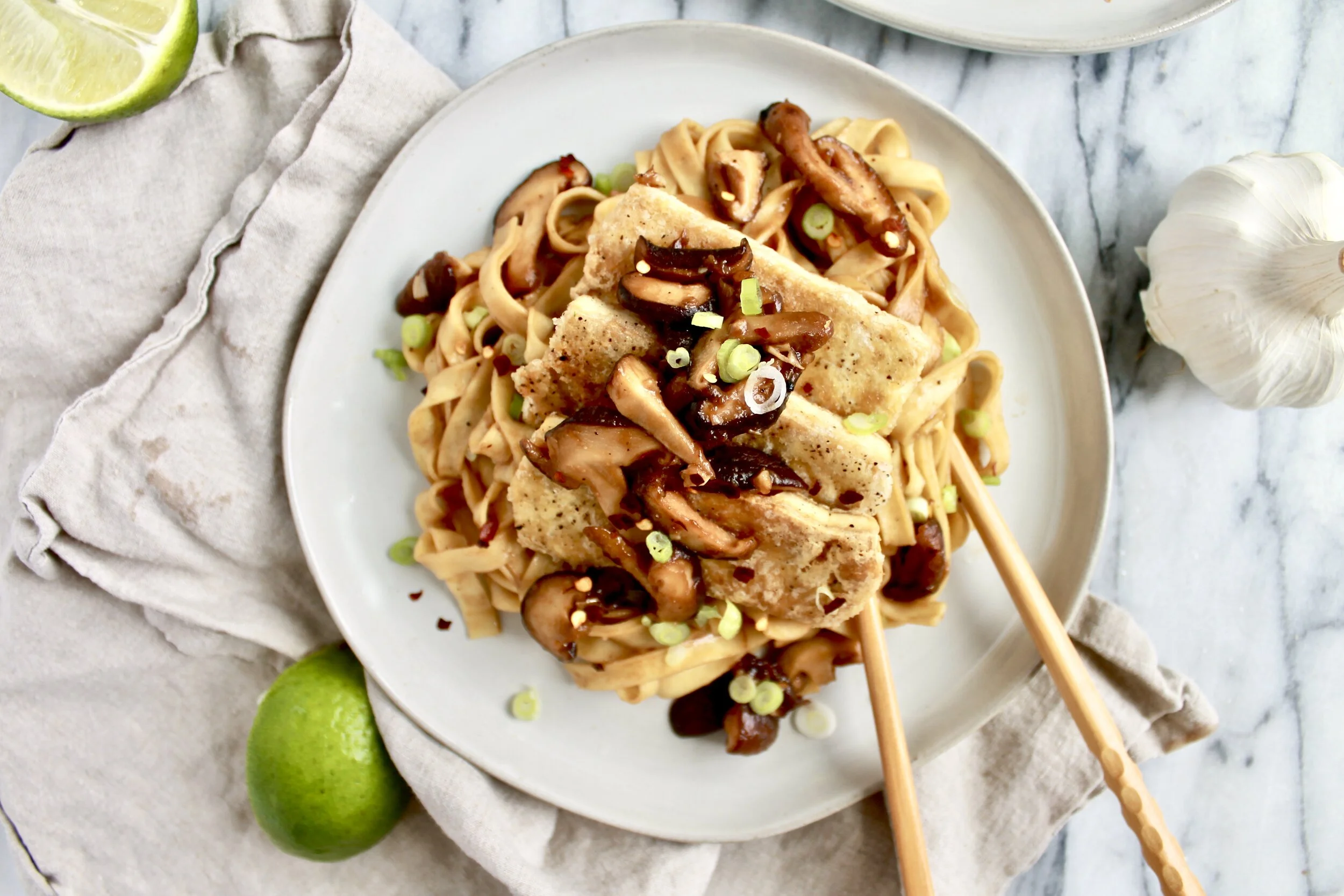 sweet and sticky garlic shiitake noodles with crispy tofu — Honey Street