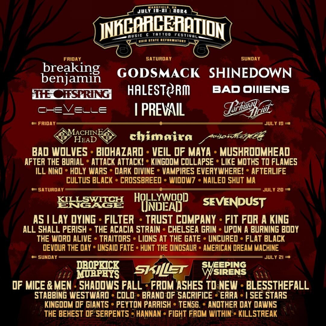 Inkcarceration! We are coming to melt your faces off on July 21st along with this stacked line up! 🤘

Tix available now at the link in bio. 🎟️