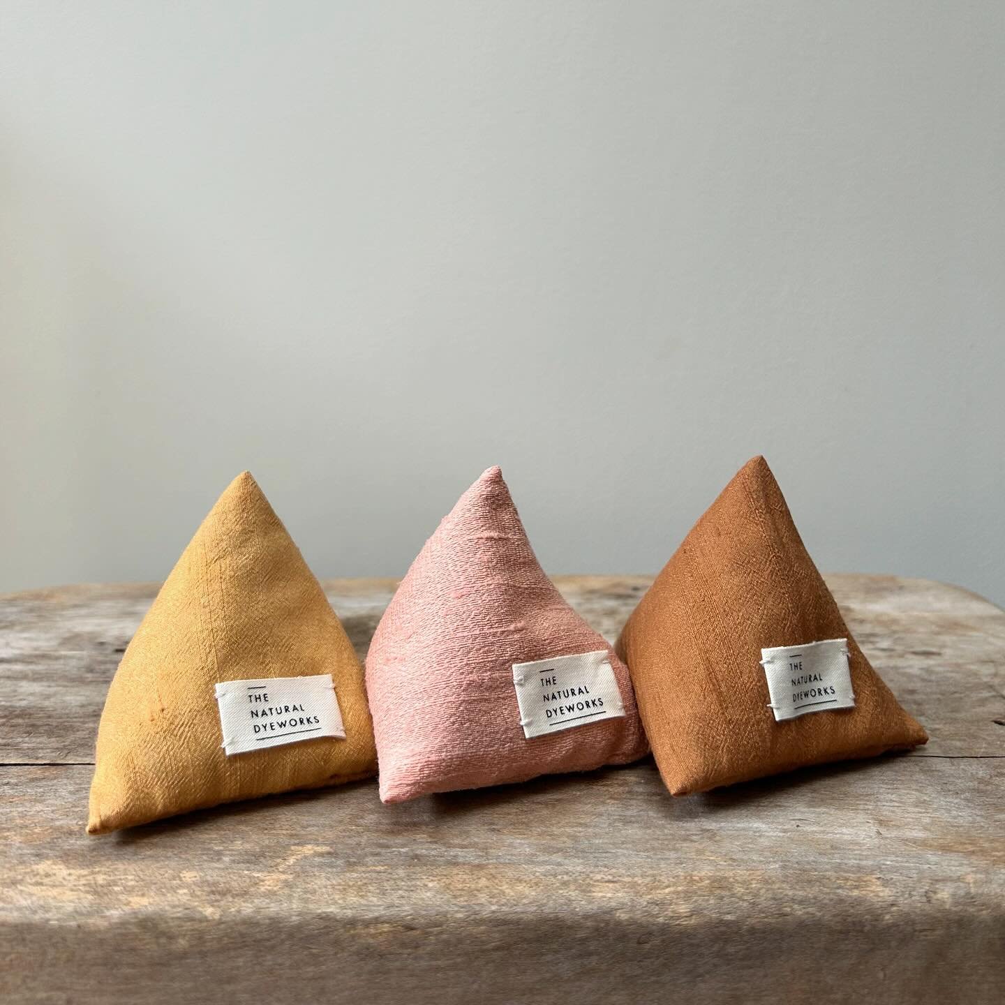 Colour triads. 
Tonal triplets.

Lots of lavender pyramids in naturally dyed silk or linen are now on the website. 
These little parcels use up studio offcuts &amp; are sewn with organic cotton thread and filled with allotment lavender. 
They&rsquo;r
