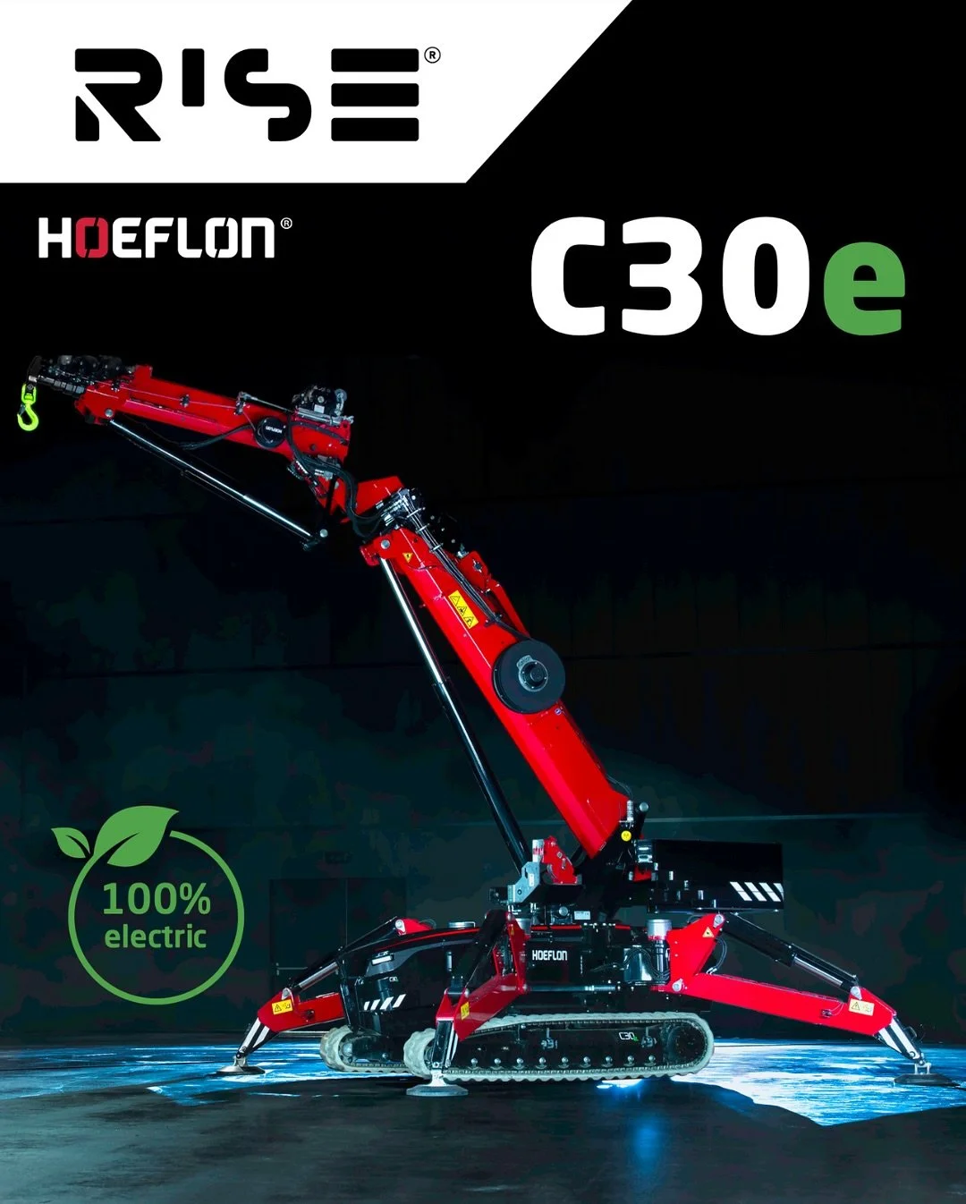 RISE® is proud to announce the acquisition of the Hoeflon C30e, a state-of-the-art 100% electric compact crane. This addition underscores our commitment to integrating advanced technologies and sustainable solutions into our operations.
The Ho