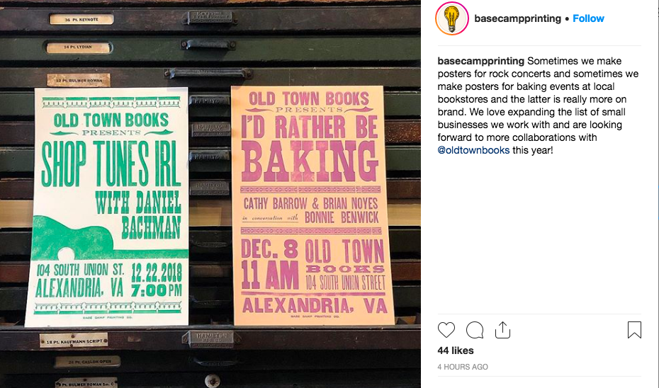 An Instagram post from Base Camp featuring two of the posters they’ve made for us - check them out on their website or on Instagram @basecampprinting !