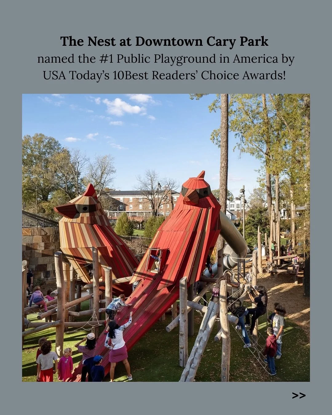 Big news right next door! 🛝

The Nest at Downtown Cary Park was just named the #1 Public Playground in America by @USATODAY&rsquo;s 10Best Readers&rsquo; Choice Awards! 🌟

This incredible honor highlights how Downtown Cary has transformed into a vi