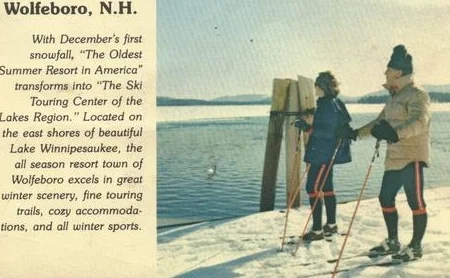 The year was 1972 when Verna and Cal Flagg of Wolfeboro (pictured above in the postcard at the Wolfeboro town docks) started a Nordic ski specialty shop along with a modest Nordic ski trail system that now totals 30km, providing top quality grooming and terrain for recreational and competitive skiers.