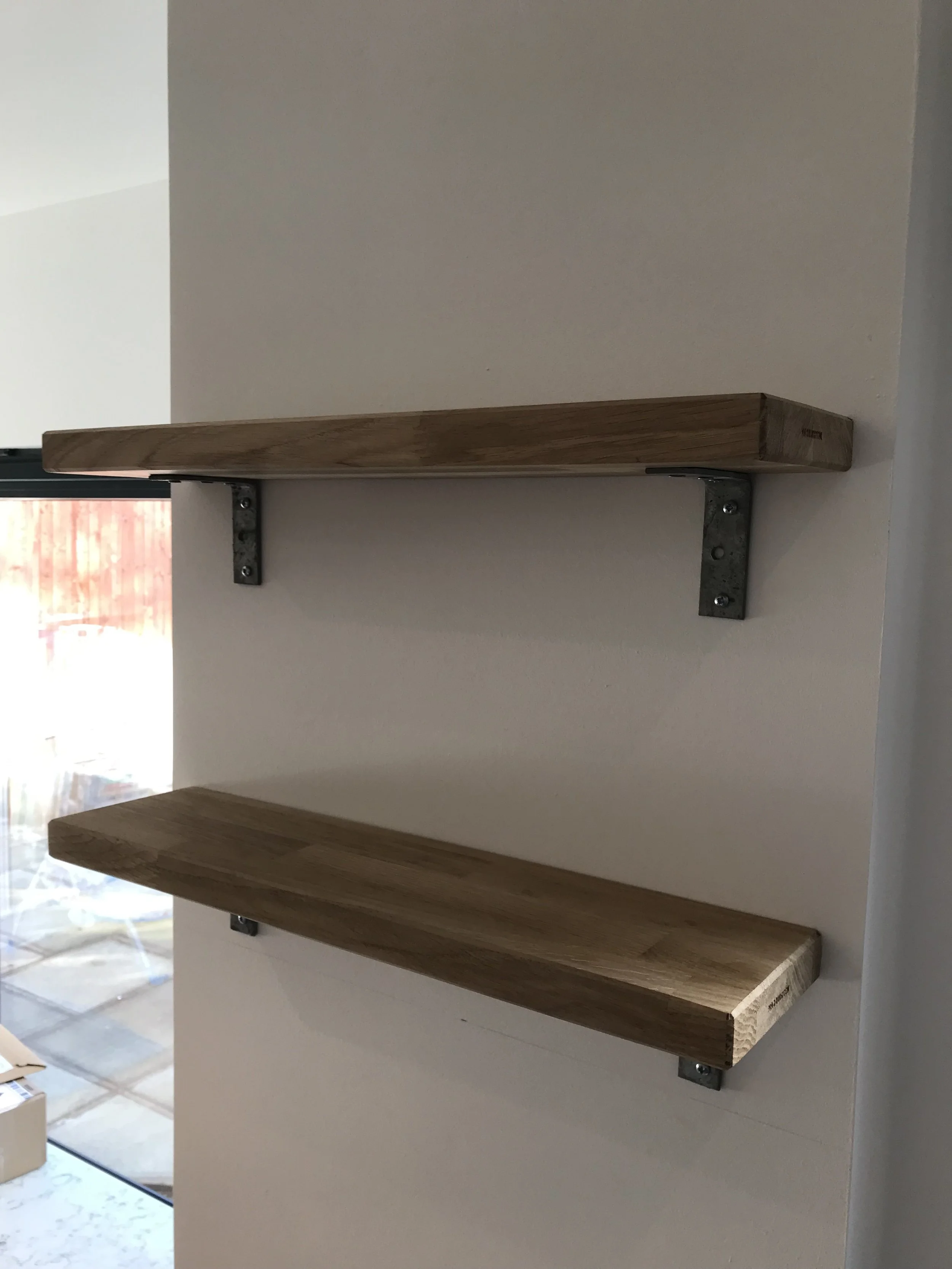  Rustic Oak shelves made to measure, routered edges, industrial galvanized brackets.  