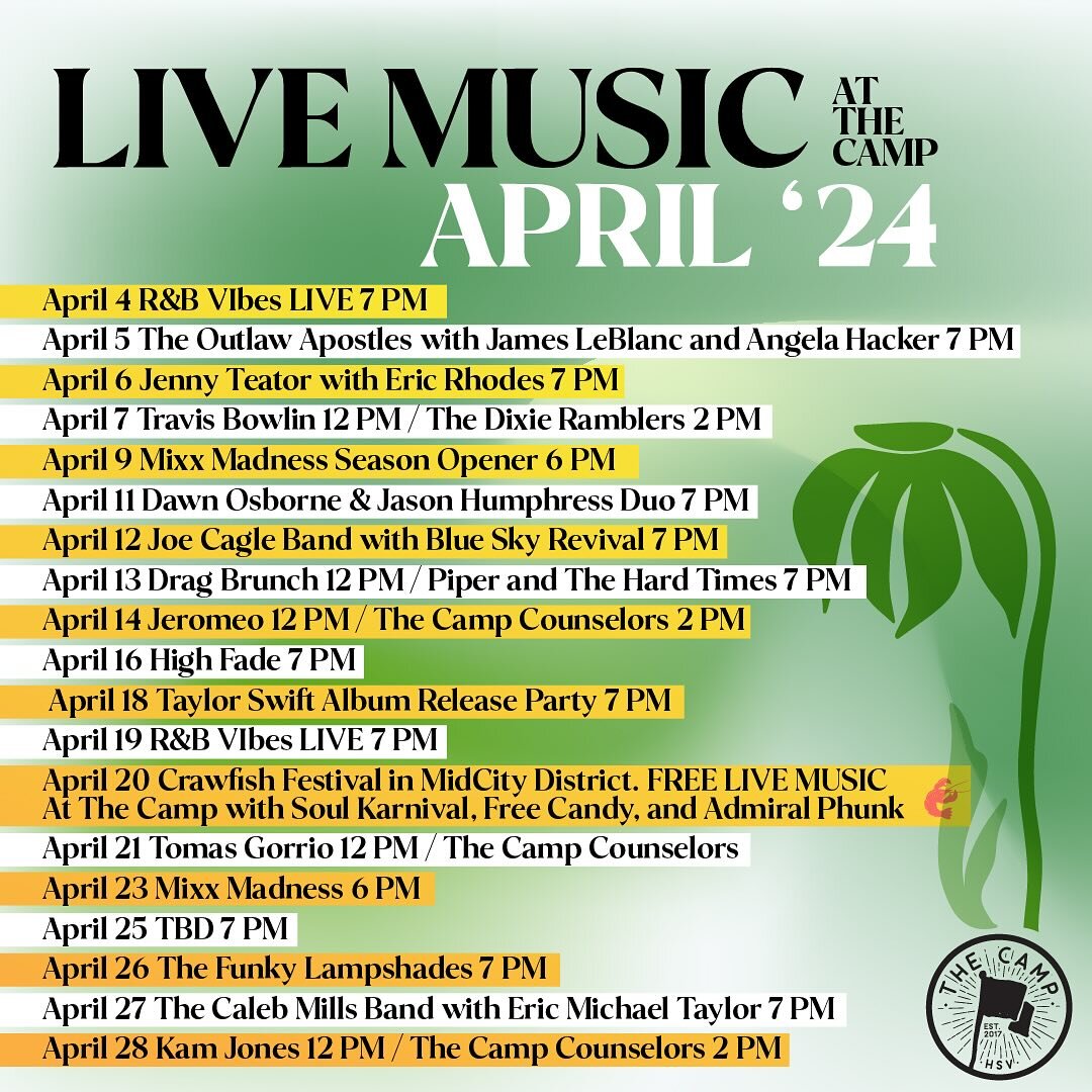 Hey Campers, we&rsquo;ve got your April music calendar RIGHT HERE!!! 

👇👇👇👇

Thursday, April 4 - R&amp;B VIbes LIVE @randbvibeslive 7 PM 

Friday, April 5 - The Outlaw Apostles with James LeBlanc and Angela Hacker @outlawapostles @jamesleblancand