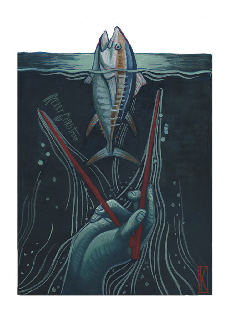  This is a personal piece developed as a satirical illustration of the unsustainable consumption and fishing of yellowfin tuna. Gouache on hot-pressed paper.   ©KerryChristman 2017  