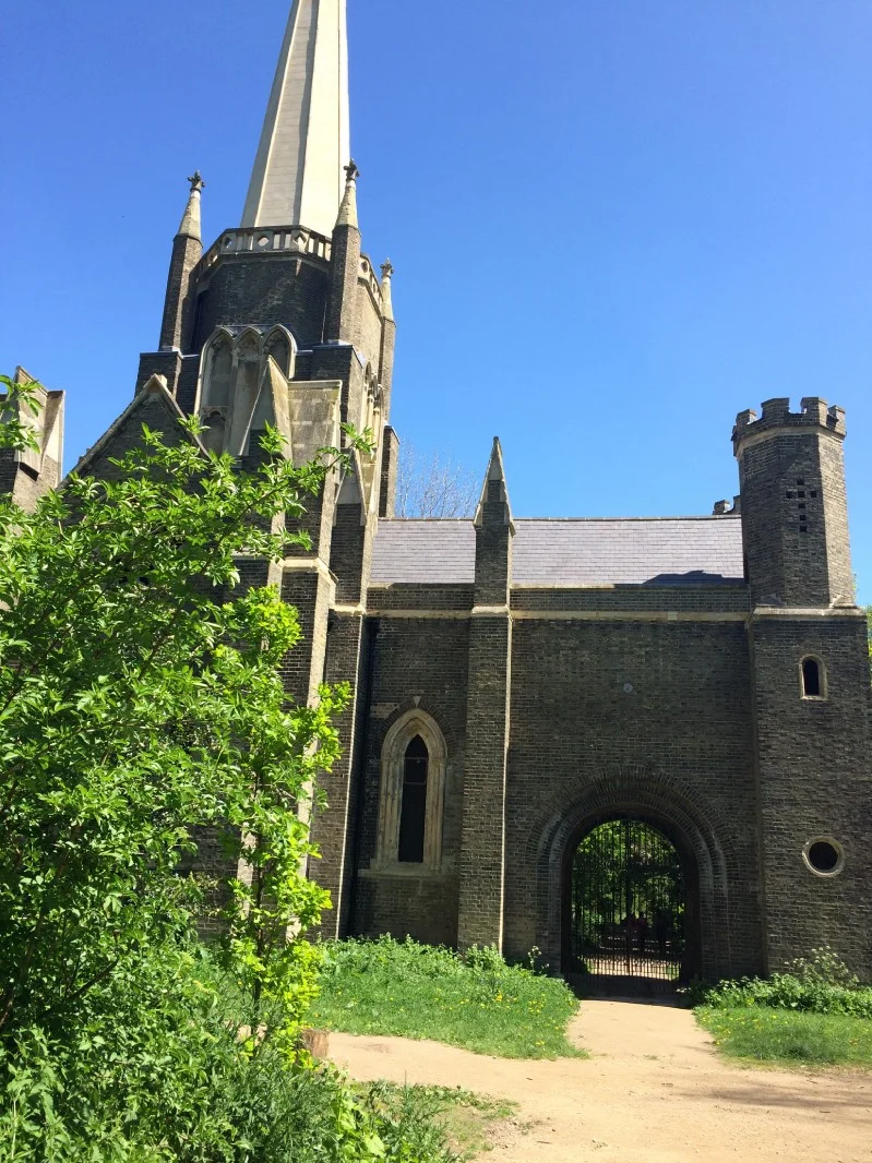 Abney Park Chapel, looking east through the coach-house.