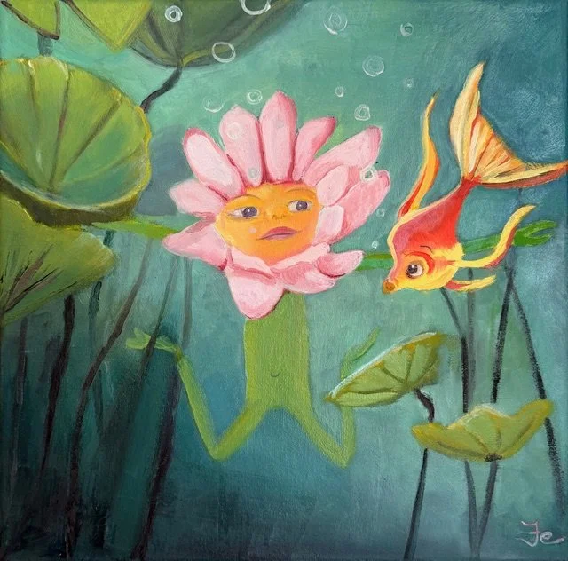 oil painting of a water lily swimming with a goldfish
