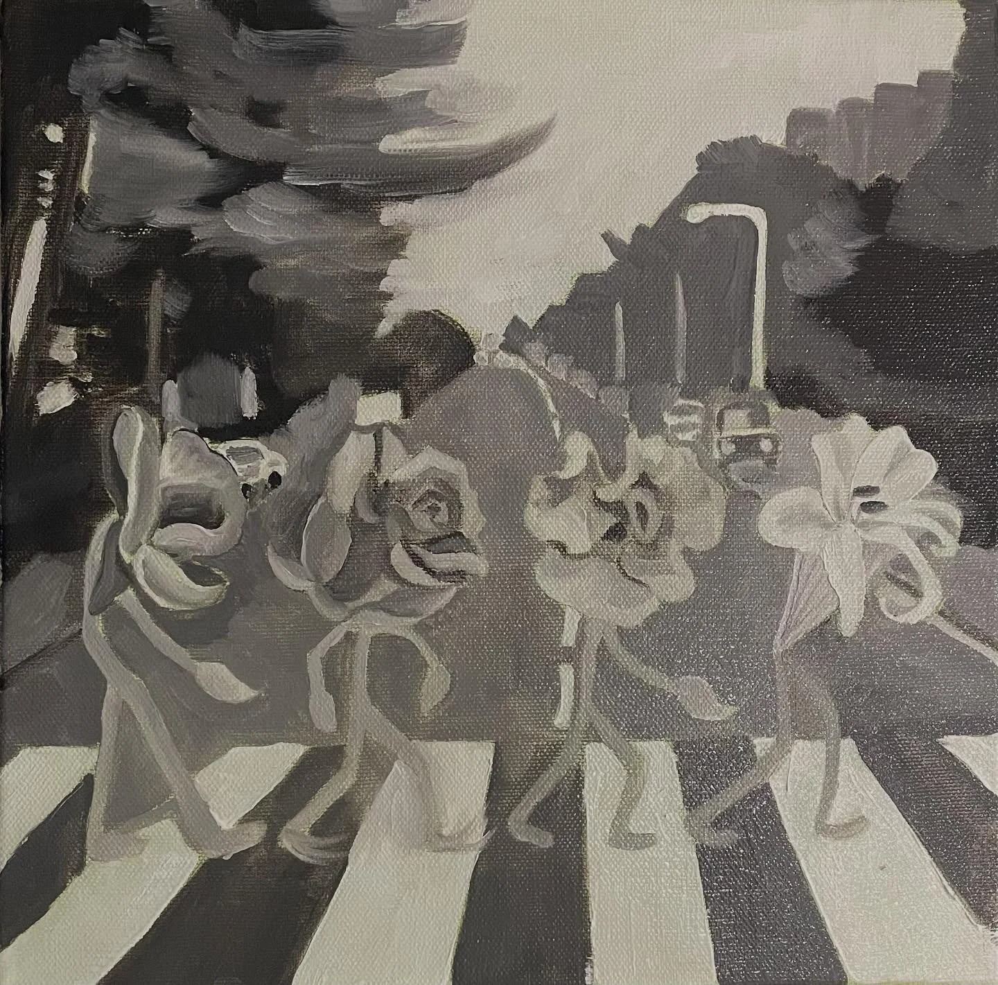 Continuing with album-cover inspired painting, I&rsquo;m trying a grisaille underpainting for the first time to sort out the values (dark &amp; light) before I apply color. After the underpainting dries I&rsquo;ll try glazing it with a very thin laye