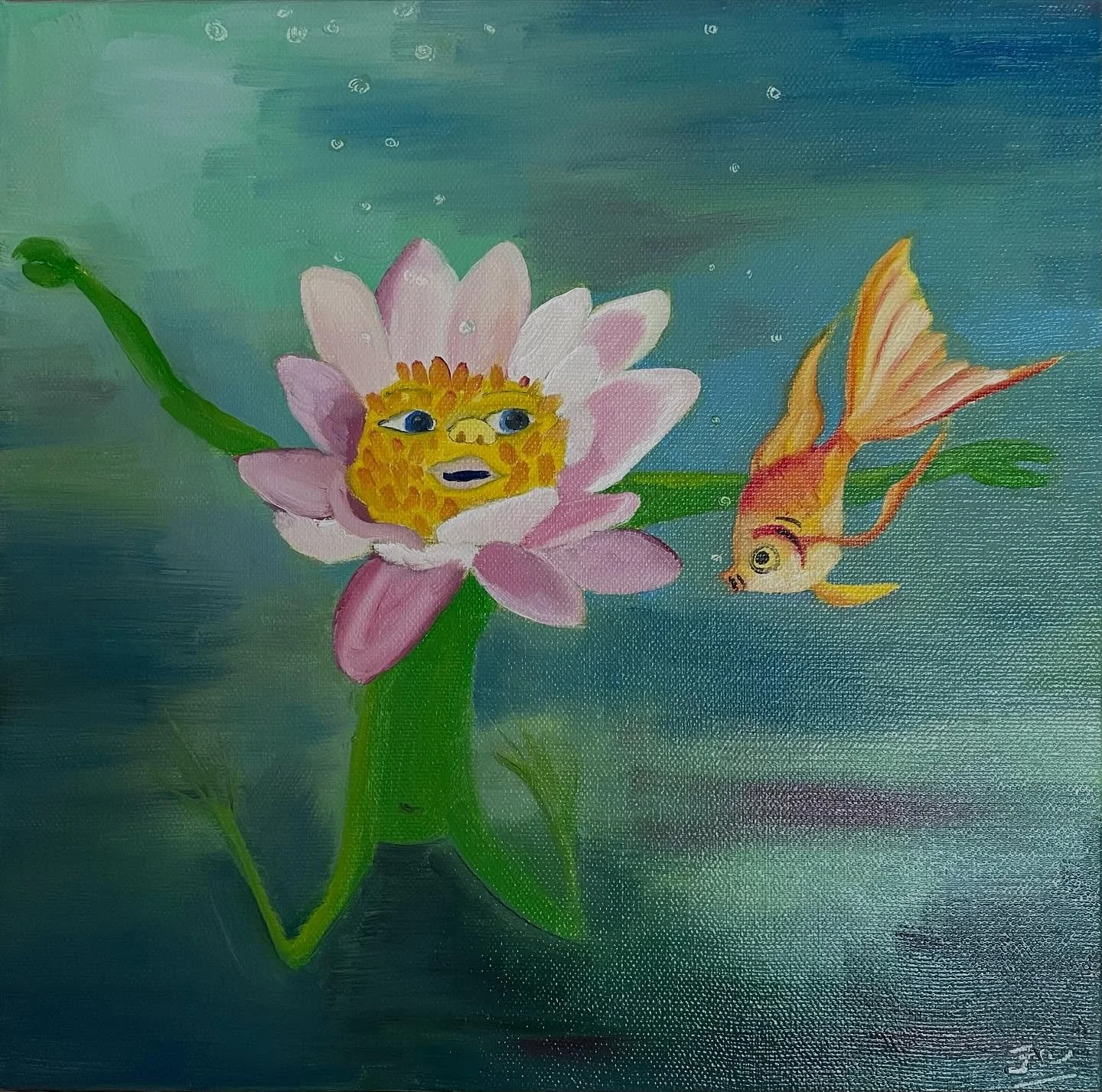 Fuhgeddaboudit #fesflowercharacters #oilpainting #waterlilies #goldfishofinstagram #flowersofinstagram #waterliliesofinstagram #artforchildren #felicitysflowercharacters #felicitytucker