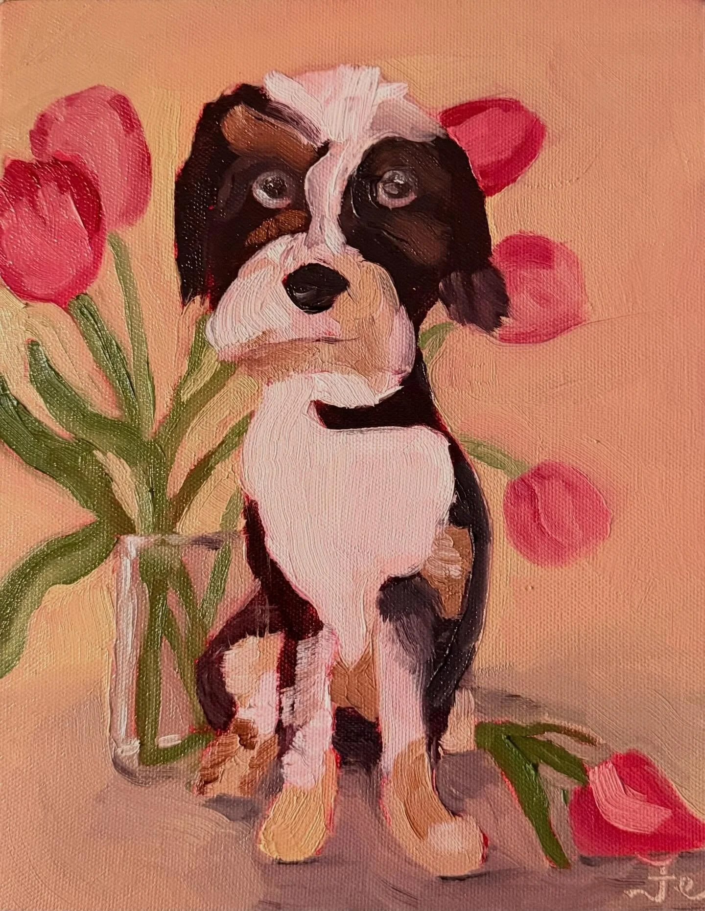 #petportrait #aussiedoodle #tulips #oilpainting #tuckerfelicity