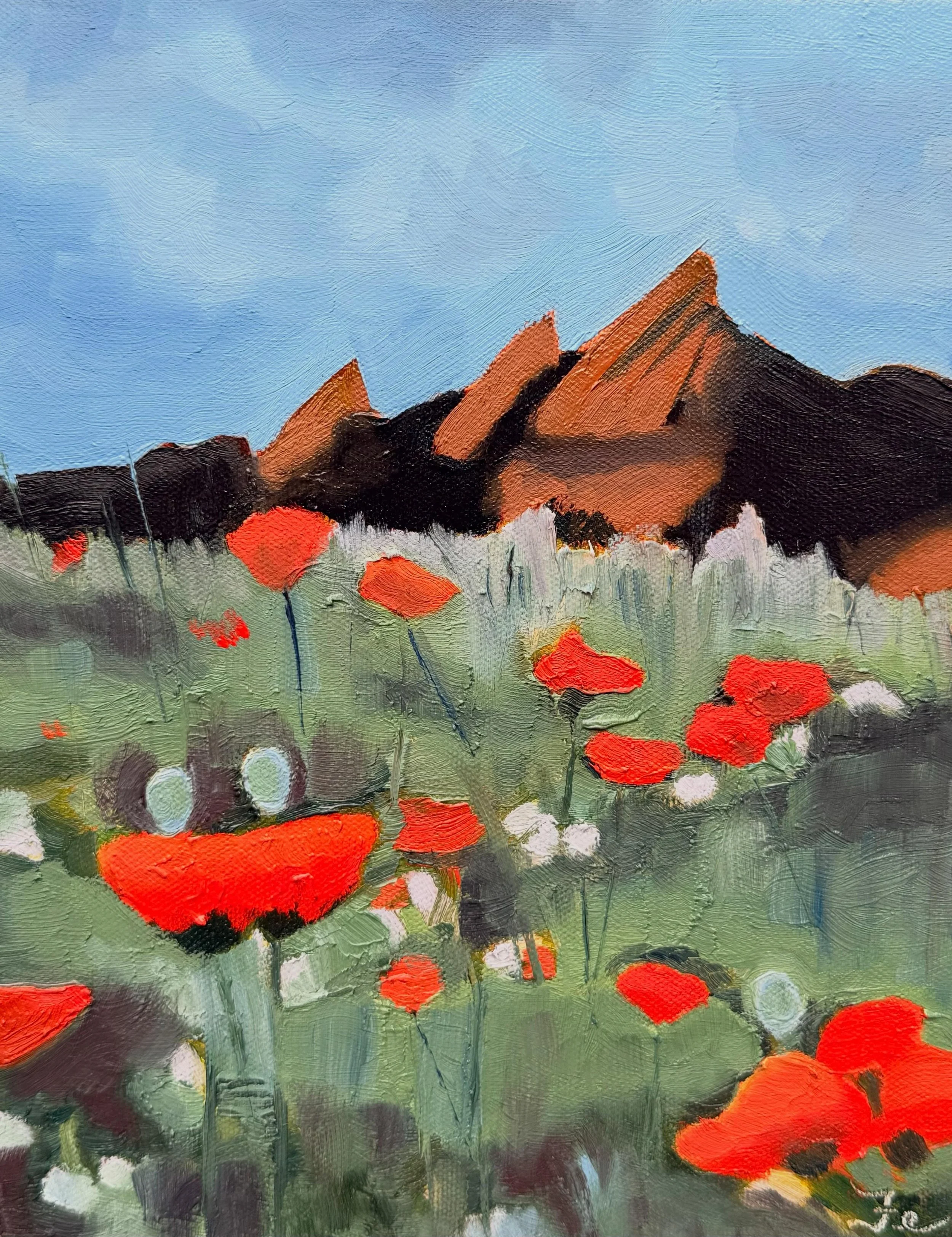Oil painting of poppies in front of the iconic Flatirons at Chautauqua Park in Boulder, Colorado