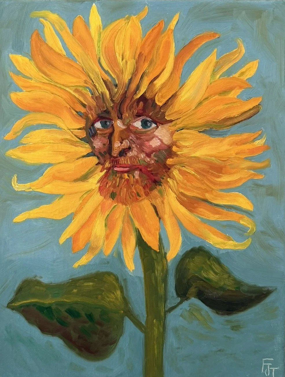 oil painting of a sunflower with a face