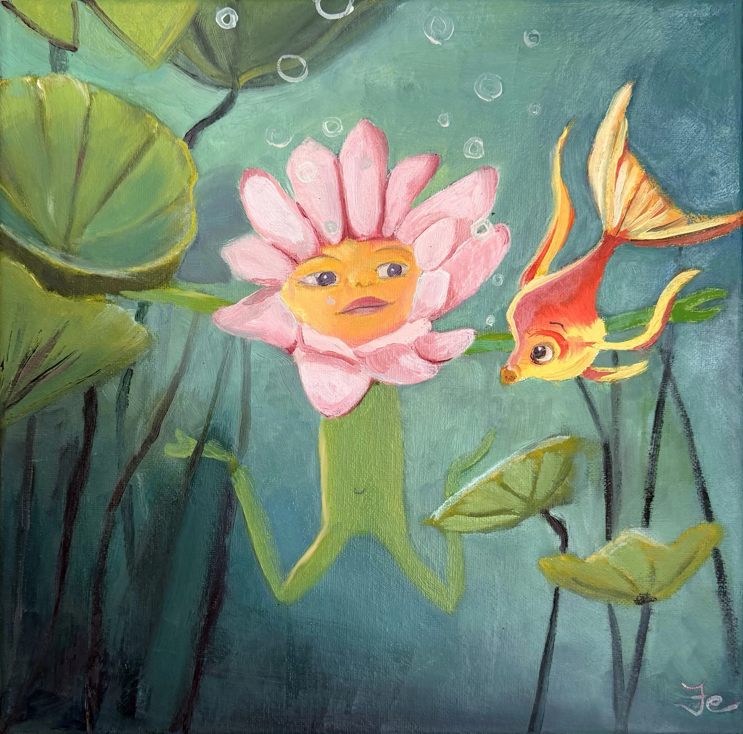 oil painting of a water lily with a face looking at a goldfish underwater in a pond surrounded by lilypads