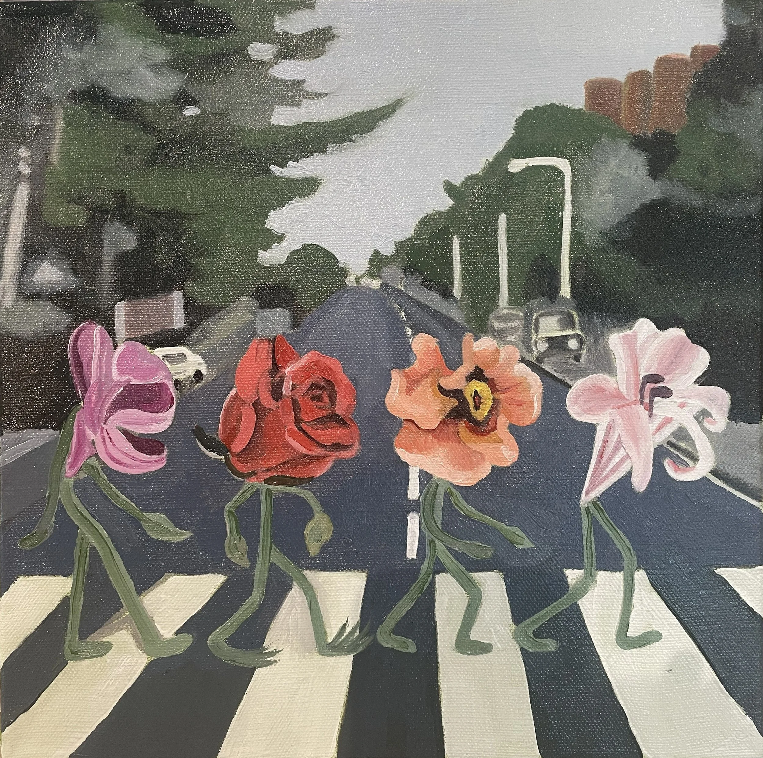 oil painting of a trumpet flower, a Ringo rose, a red rose, and an orchid crossing Abbey Road in London
