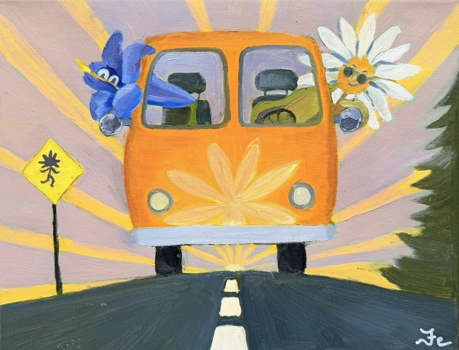 oil painting of two flowers (a daisy and a harebell) in an orange camper van driving down the road with the sunrise behind them