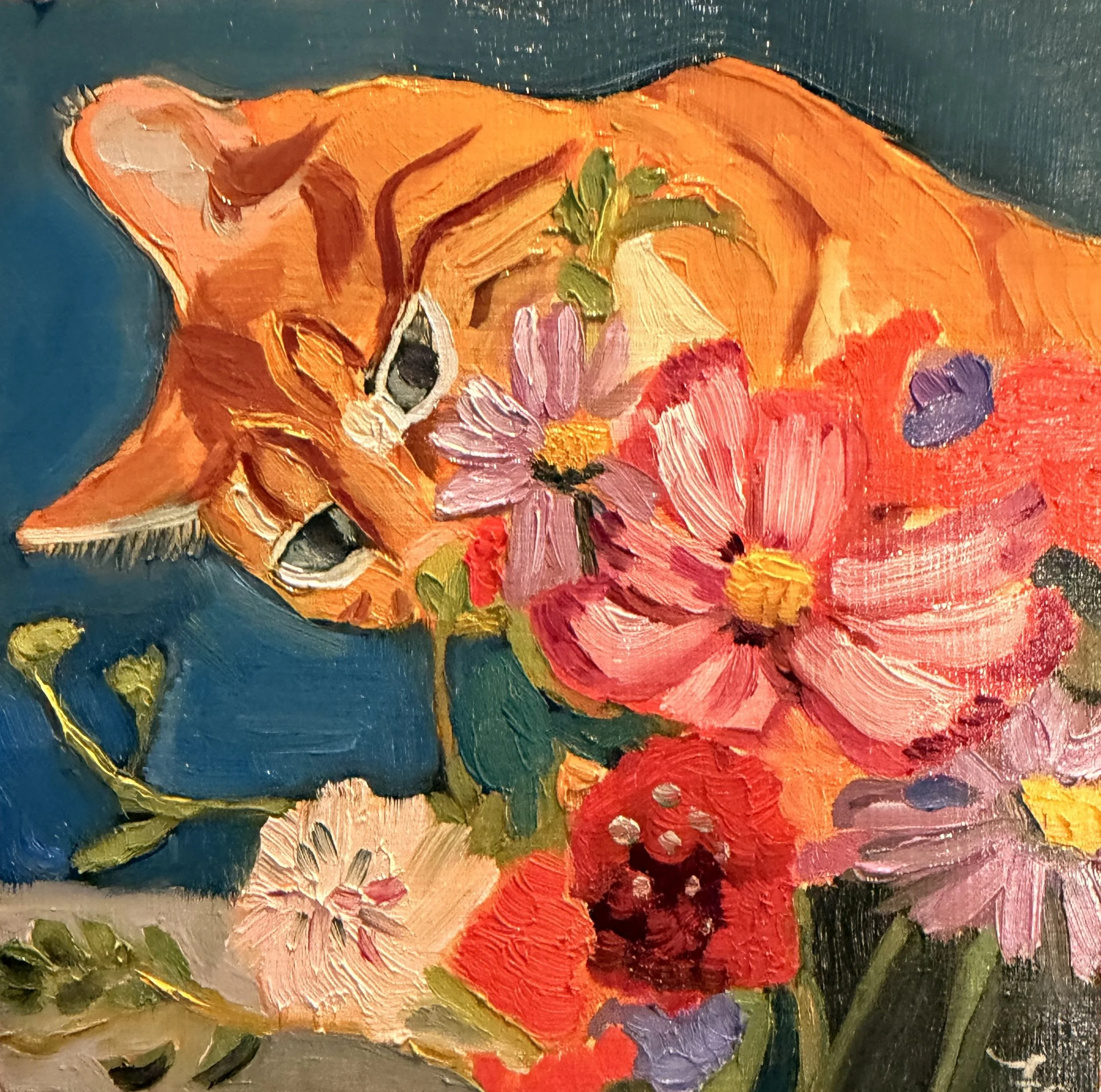 SOLD: Tiger's Flowers. 2026. 6" x 6" oil on cradled wood. 