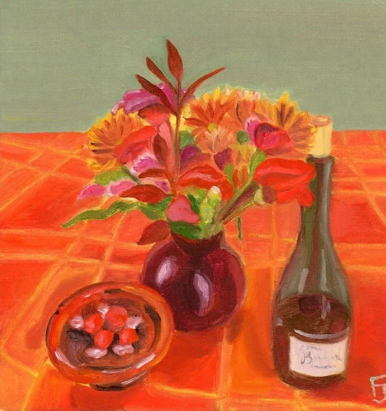 8" x 8" oil painting on canvas board of a dish of chocolates, a vase of flowers, and a bottle of wine