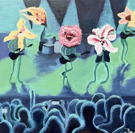 oil painting of five flowers onstage playing a concert: bass guitar, drumbs, lead guitar, singer, and rhythm guitar